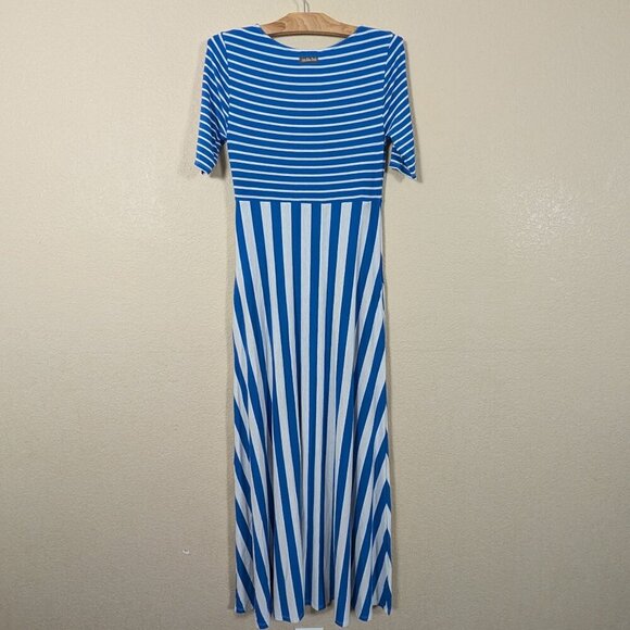 Matilda Jane Women's sz S The Road Ahead Blue White Striped Maxi Dress pockets - Picture 4 of 8